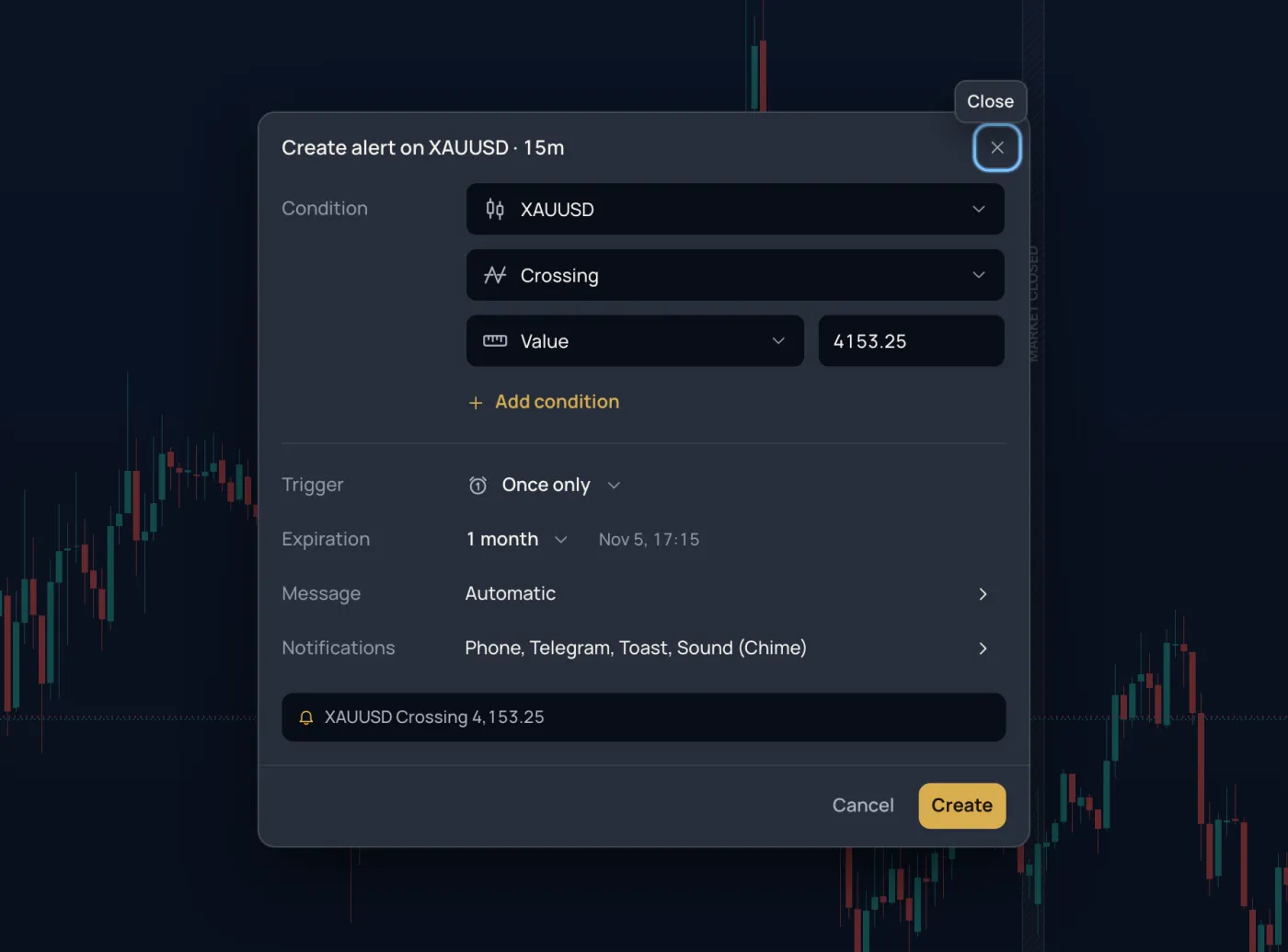 The create-alert dialog: condition, trigger, expiration, message and notifications to phone, Telegram, toast and sound