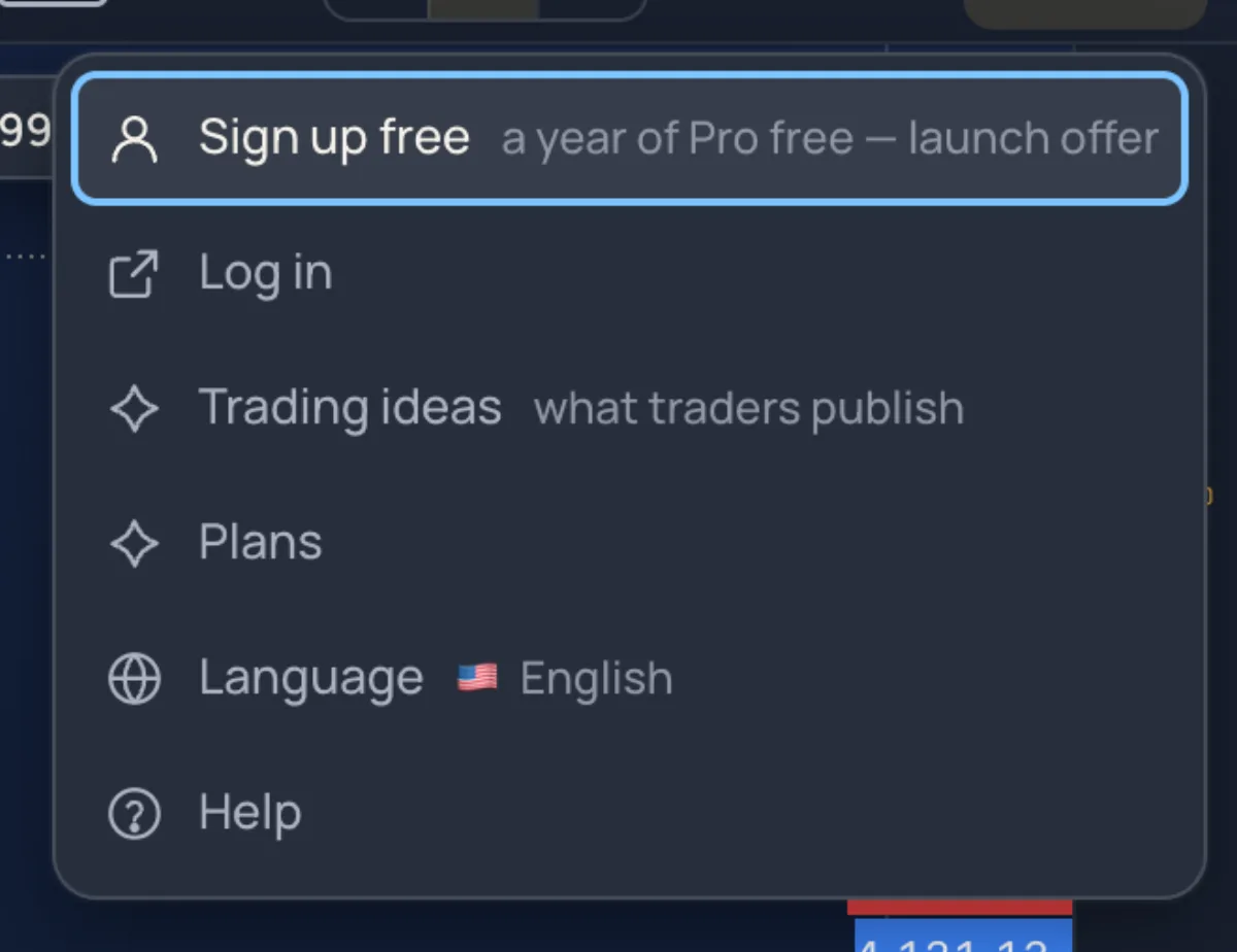 The account menu on the chart; signed in, it lists the account pages