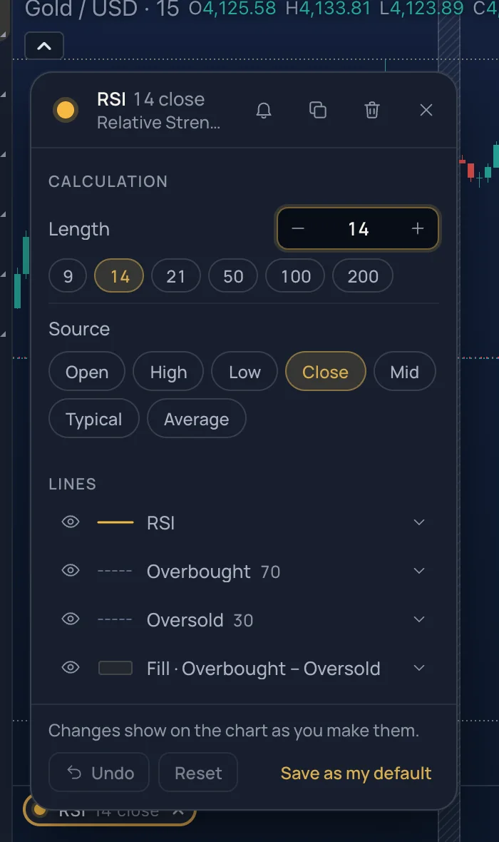 The settings card of RSI, opened from its chip: length presets, the source, and one row per line with its colour and style