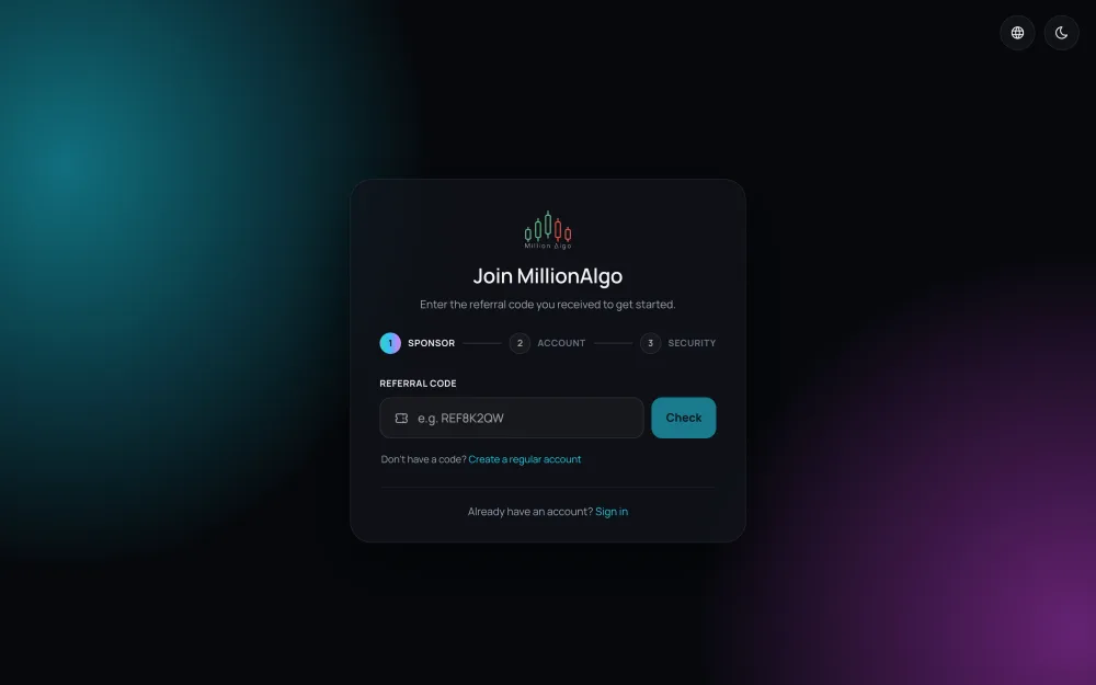 The sign-up page: Continue with Google, or the e-mail form with the code field