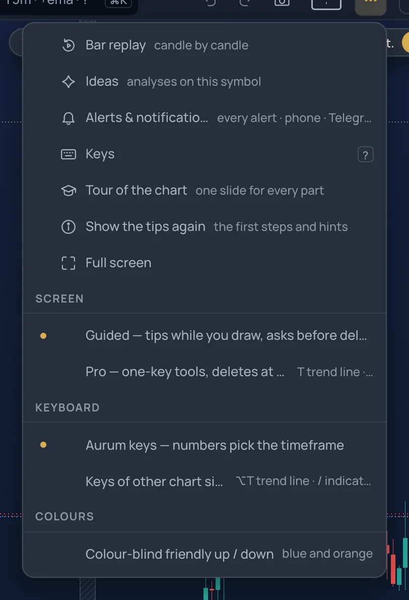 The More menu with its Screen, Keyboard and Colours sections