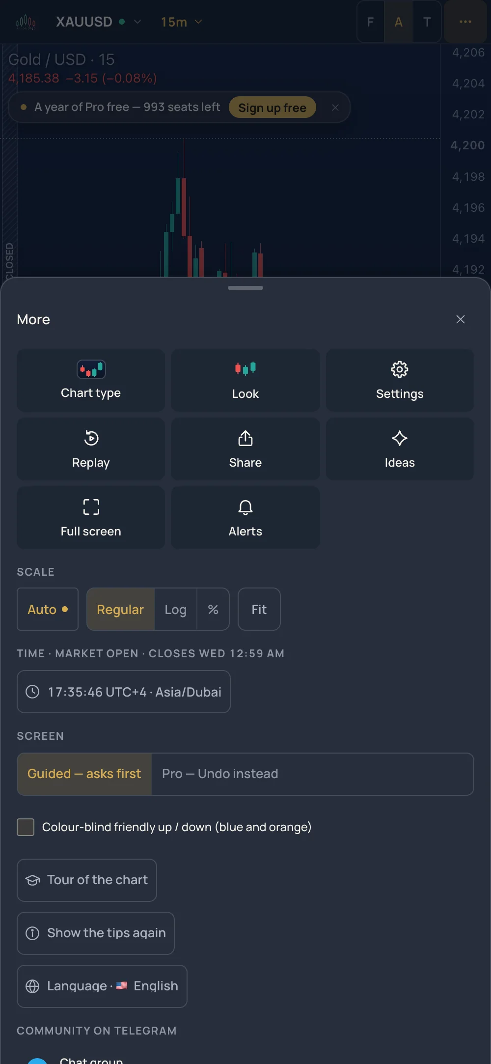The More sheet: the tiles, then scale, time, screen, language and account