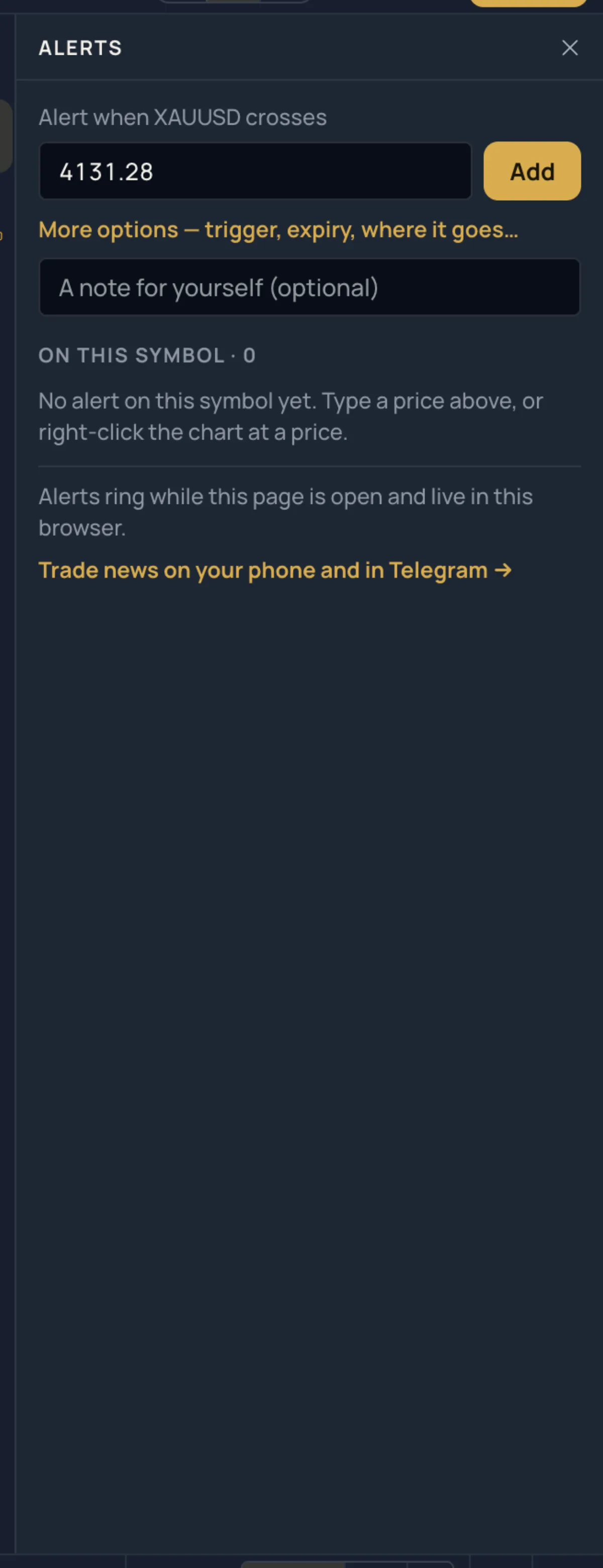 The Alerts side list: a price, a note, Add, and the alerts on this symbol