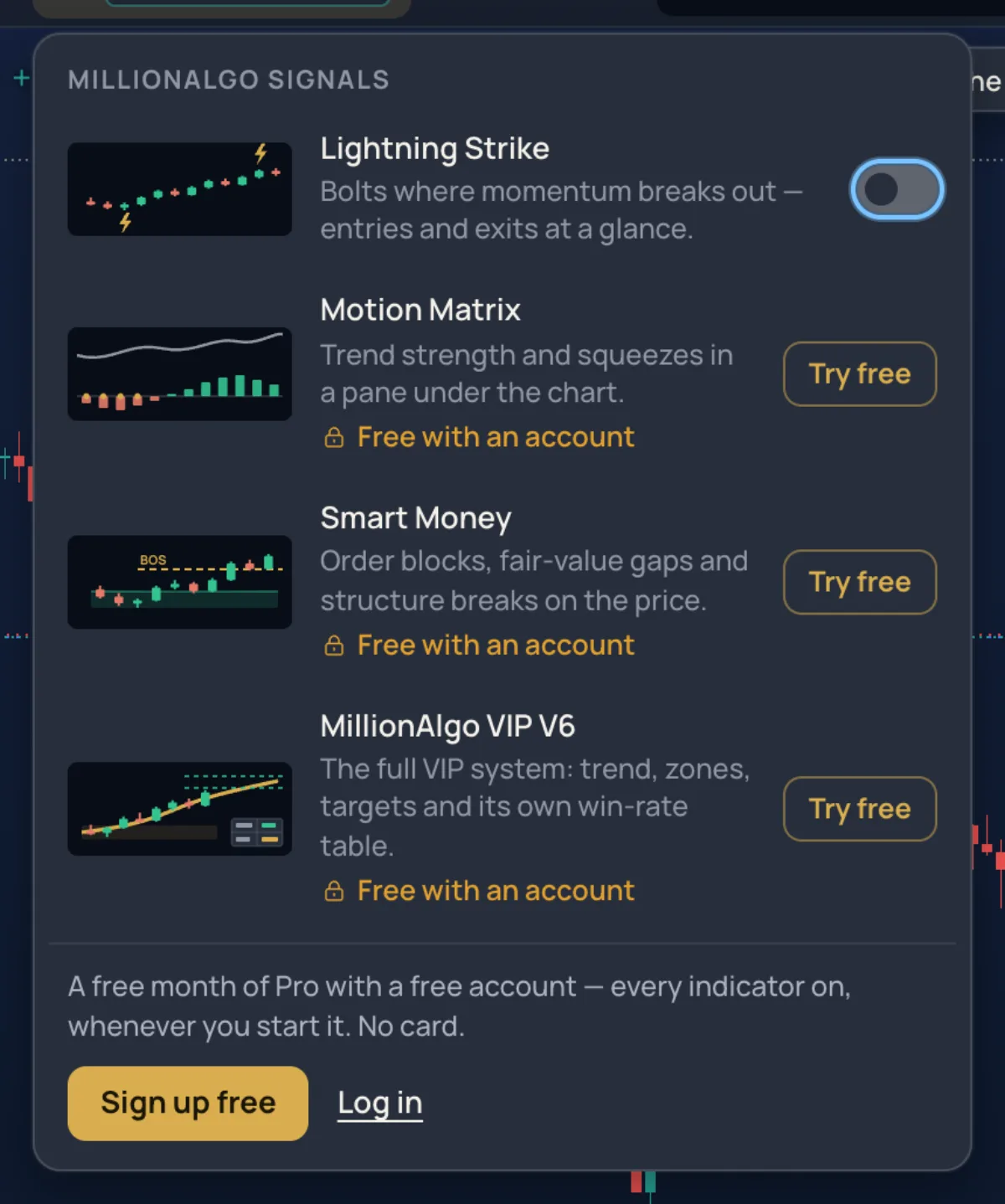 The MillionAlgo signals panel: a preview, a switch or a lock per study, and the access line at the foot