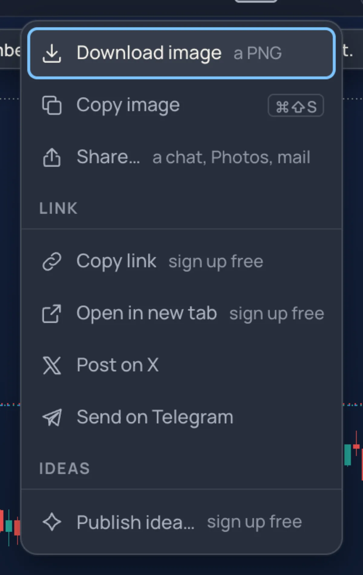 The snapshot menu: Download image, Copy image, the Link section and Publish idea